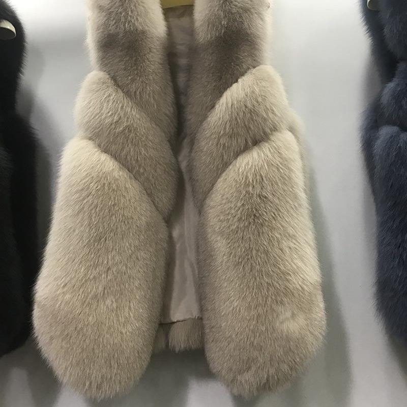 Women's Luxury Mid-Length Faux Fox Fur Vest | Plush Winter Sleeveless Coat in Chic Neutrals