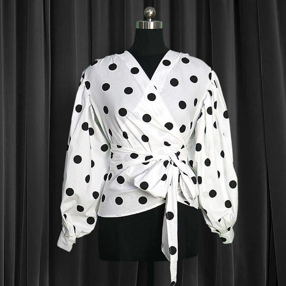 Polka Dot Wrap Blouse – Puff Sleeve Tie Waist Statement Top