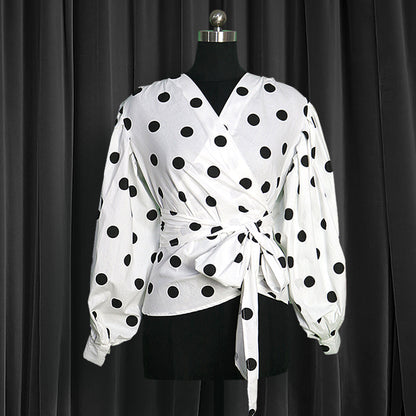 Polka Dot Wrap Blouse – Puff Sleeve Tie Waist Statement Top