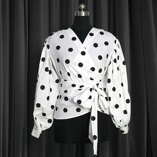 Polka Dot Wrap Blouse – Puff Sleeve Tie Waist Statement Top