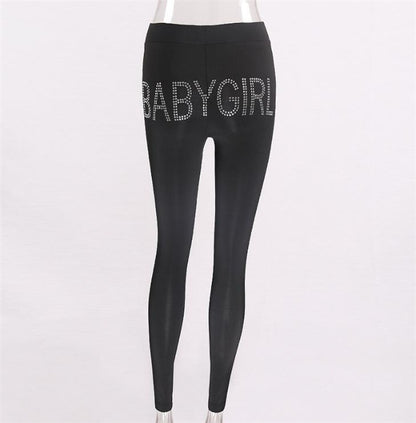 BABYGIRL Rhinestone Letter High-Waist Stretch Leggings – Streetwear Lounge Pants