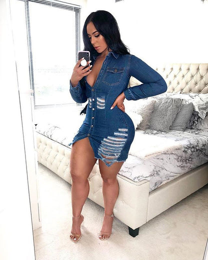 Women’s Shredded Button-Down Denim Mini Dress – Fitted Long Sleeve Casual Streetwear