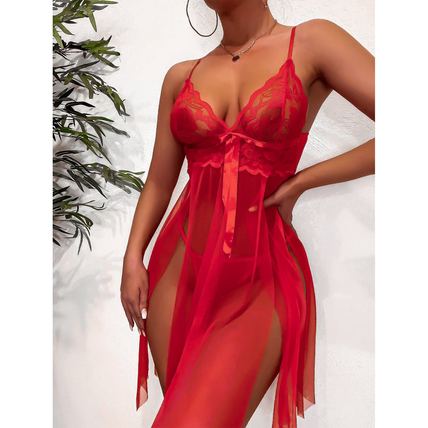 Sultry Scarlet Lace Mesh Babydoll Lingerie Set – Sheer Suspender Dress with Matching Panty