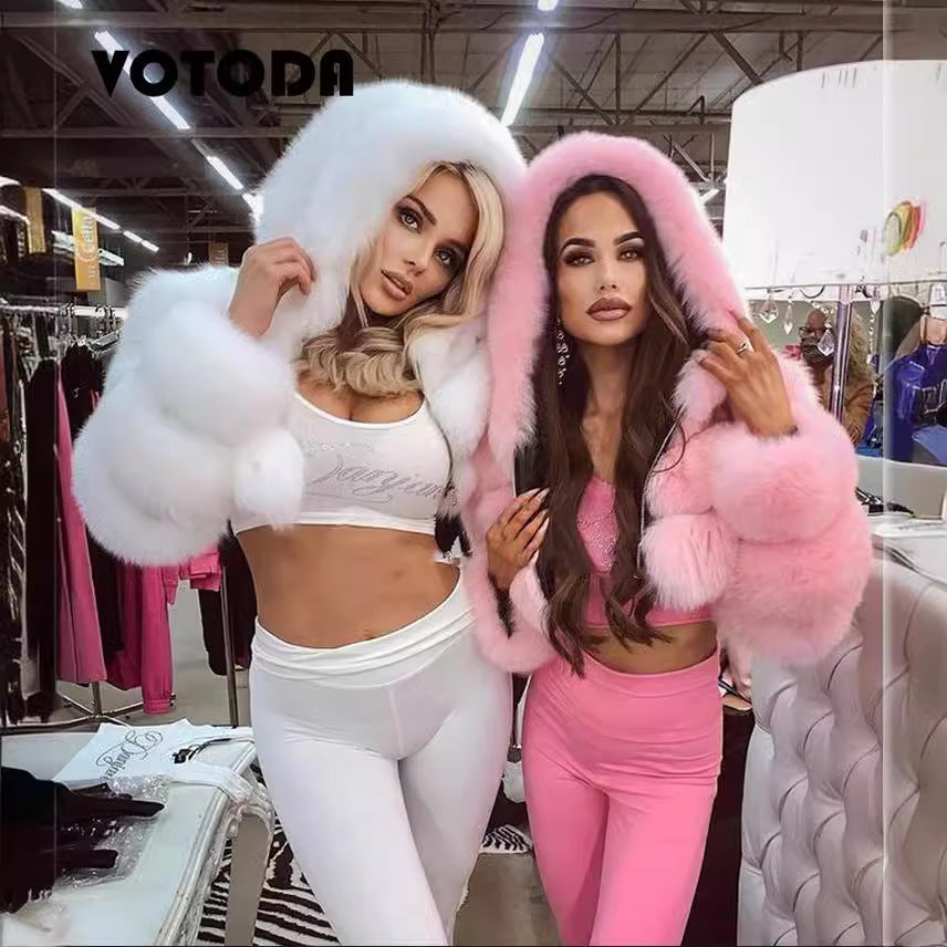 Luxury Short Hooded Faux Fur Coat – Women’s Plush Long Sleeve Winter Jacket