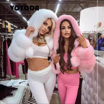 Luxury Short Hooded Faux Fur Coat – Women’s Plush Long Sleeve Winter Jacket