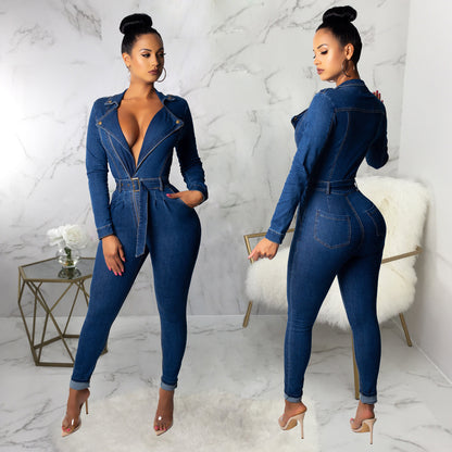 Deep V-Neck Denim Belted Jumpsuit – Long Sleeve Skinny Fit One-Piece Bodysuit for Women