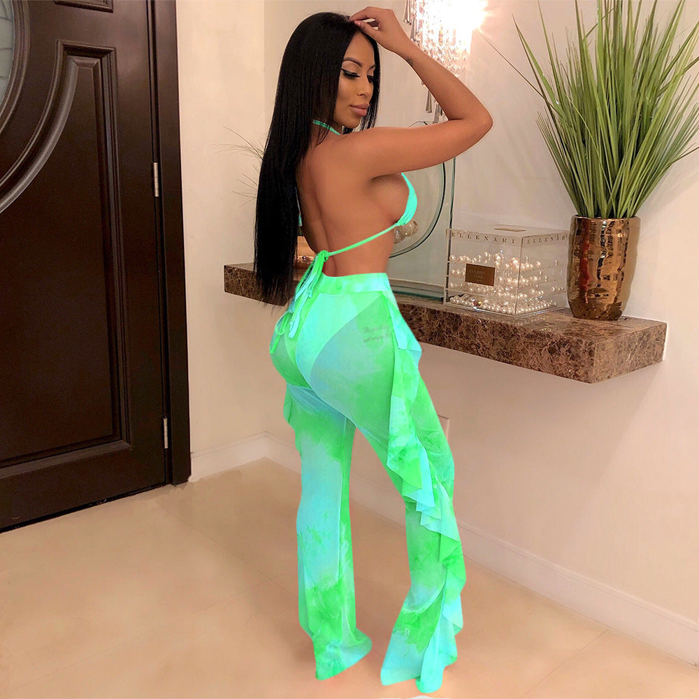 Ruffle Wave Tie-Dye Bikini Set – Festival Chic Wide-Leg Pant Look