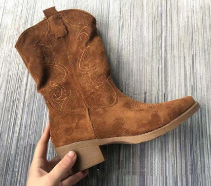 Rustic Charm Suede Pointed Toe Mid-Calf Western Boots