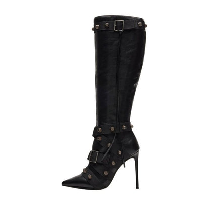 Fierce Rivet Stiletto High-Leg Boots – Metallic PU Pointed Toe Belted Tassel Boot