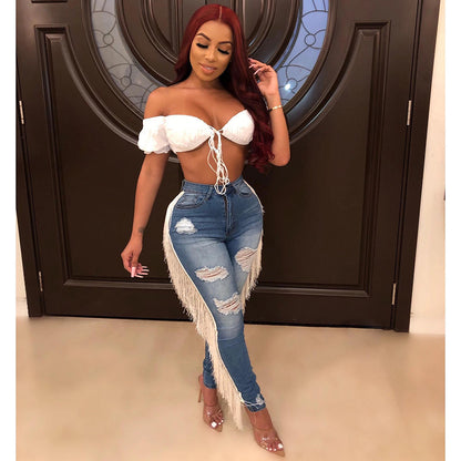 Wild Fringe Denim Jeans – Distressed High-Waist with Ruffle Drama