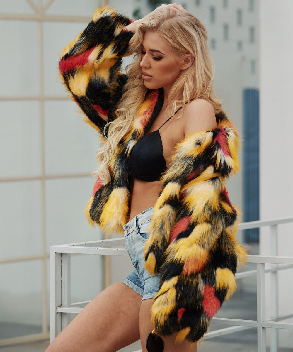 Women’s Multi-Color Faux Fur Lapel Jacket – European Streetwear Statement Coat