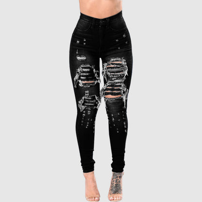 Women’s Ripped Washed Denim Skinny Jeans – Mid-Waist Stretch Fit in Black, Light Blue & Dark Blue
