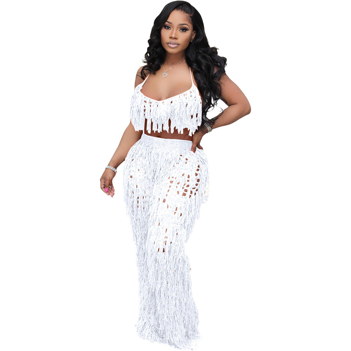 Women's See-Through Crochet Tassel Beach Set – 2-Piece Knitted Cover-Up Suit