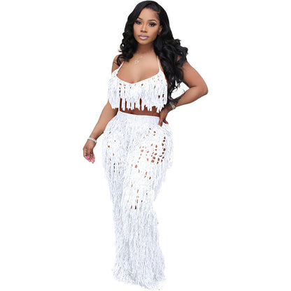 Women's See-Through Crochet Tassel Beach Set – 2-Piece Knitted Cover-Up Suit