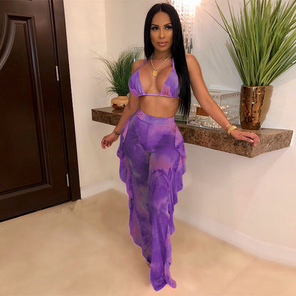 Ruffle Wave Tie-Dye Bikini Set – Festival Chic Wide-Leg Pant Look