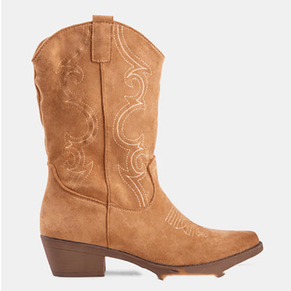 Rustic Charm Suede Pointed Toe Mid-Calf Western Boots
