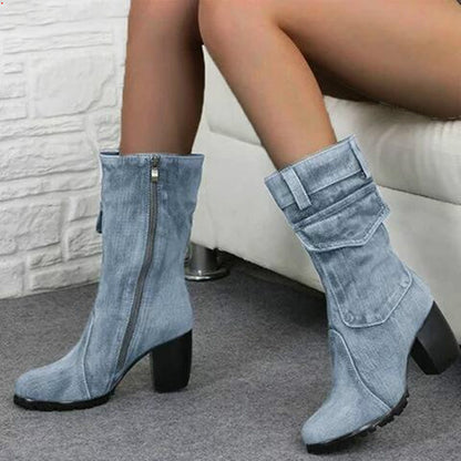 Denim Mid-Calf Boots – Thick Heel, Side Zip & Stitch Detail
