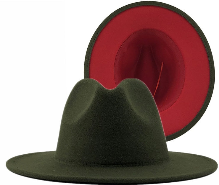 Two-Tone Wool Felt Fedora – Olive Green & Red Wide Brim Jazz Hat