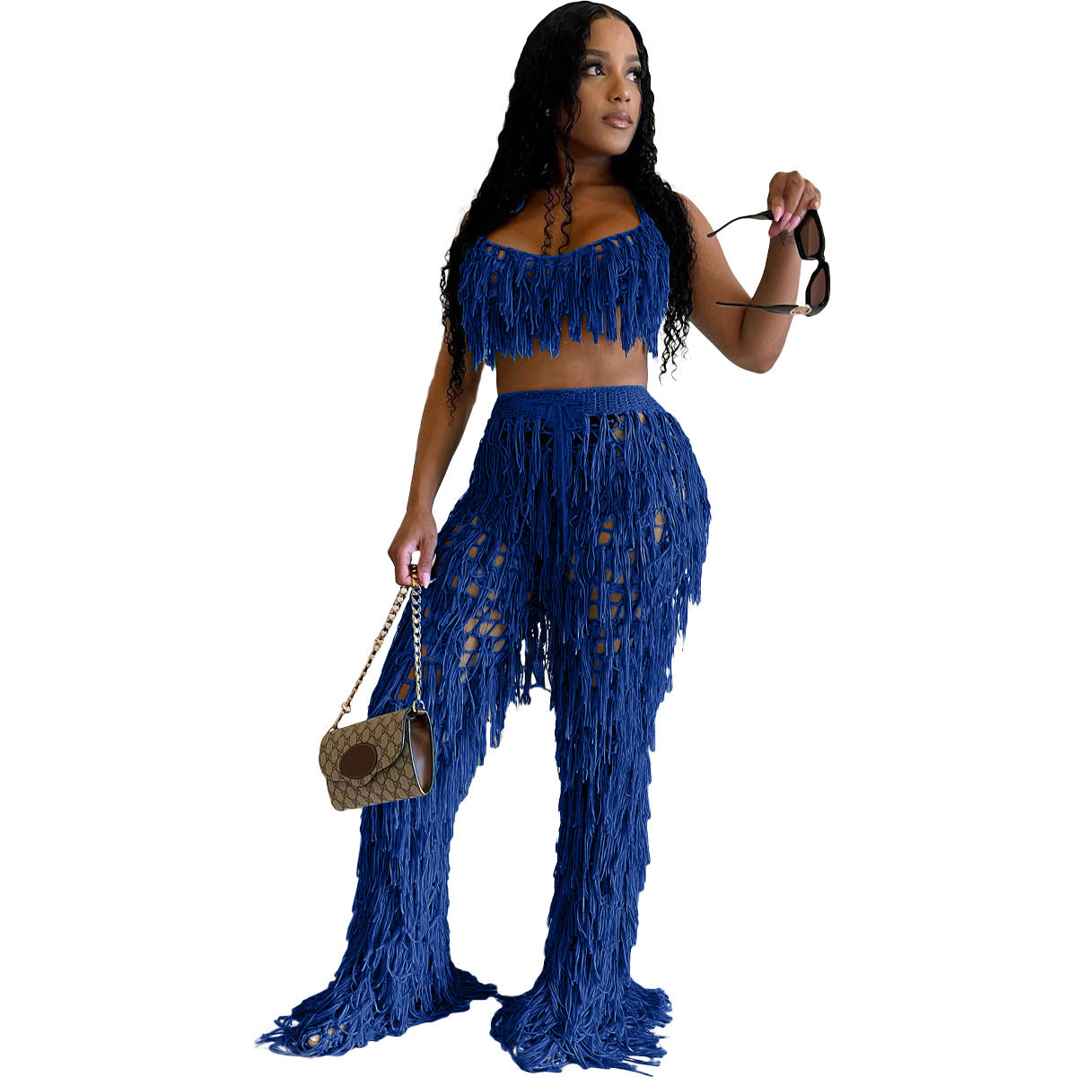 Women's See-Through Crochet Tassel Beach Set – 2-Piece Knitted Cover-Up Suit
