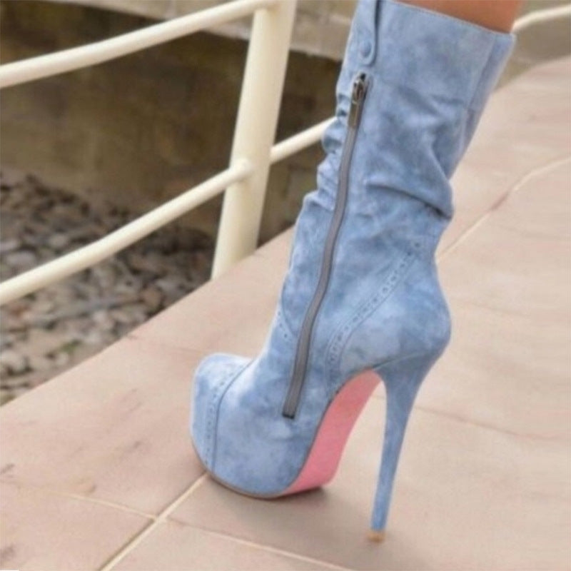 Women’s Light Blue Stiletto High Heel Boots – Plus Size Side Zipper Platform Mid-Calf Fashion Boots