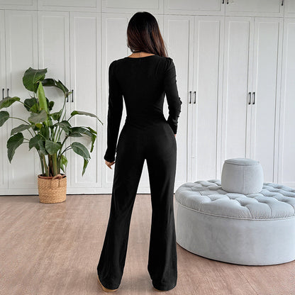 Hot Girl Lace-Up Slim Fit Black Jumpsuit – Long Sleeve Clubwear Outfit