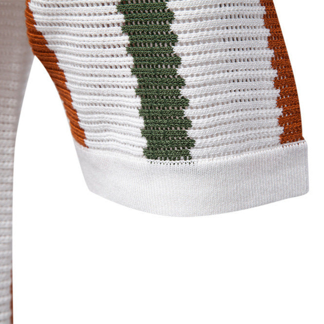 Men’s Summer Hollow Knit Polo Shirt – Breathable Striped Short Sleeve Top