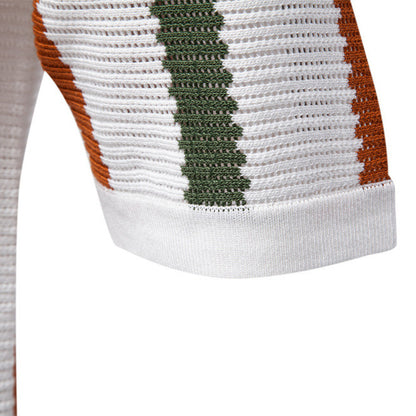 Men’s Summer Hollow Knit Polo Shirt – Breathable Striped Short Sleeve Top