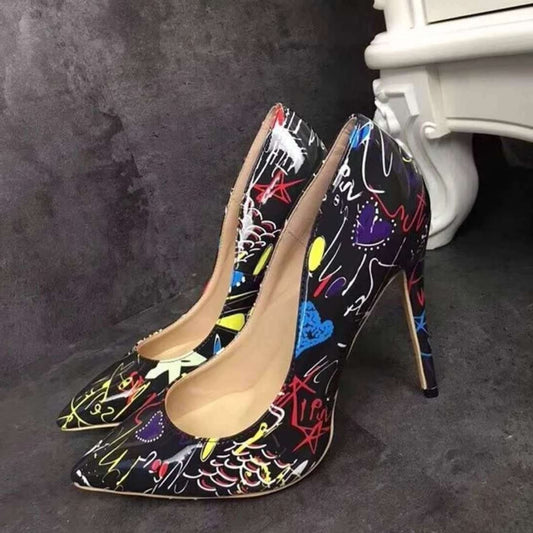 👠 Women's Graffiti Print Pointed Toe High Heel Pumps – Statement Stiletto Shoes
