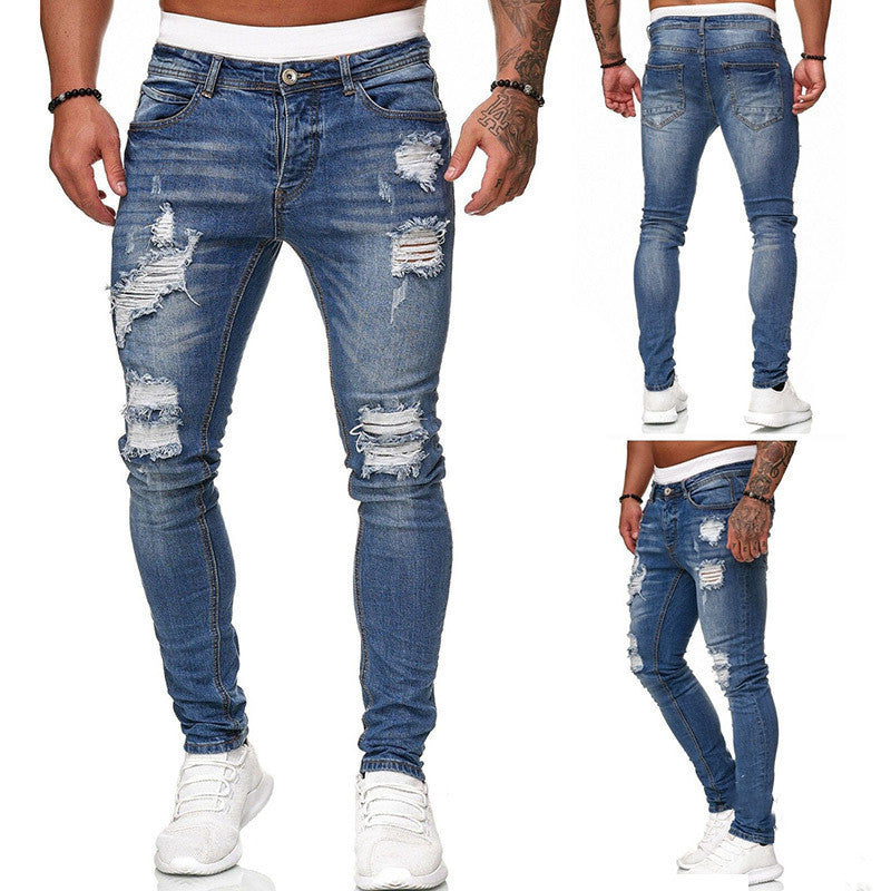 Men’s Ripped Skinny Fit Street Jeans – Distressed Wash Stretch Denim