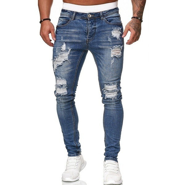 Men’s Ripped Skinny Fit Street Jeans – Distressed Wash Stretch Denim