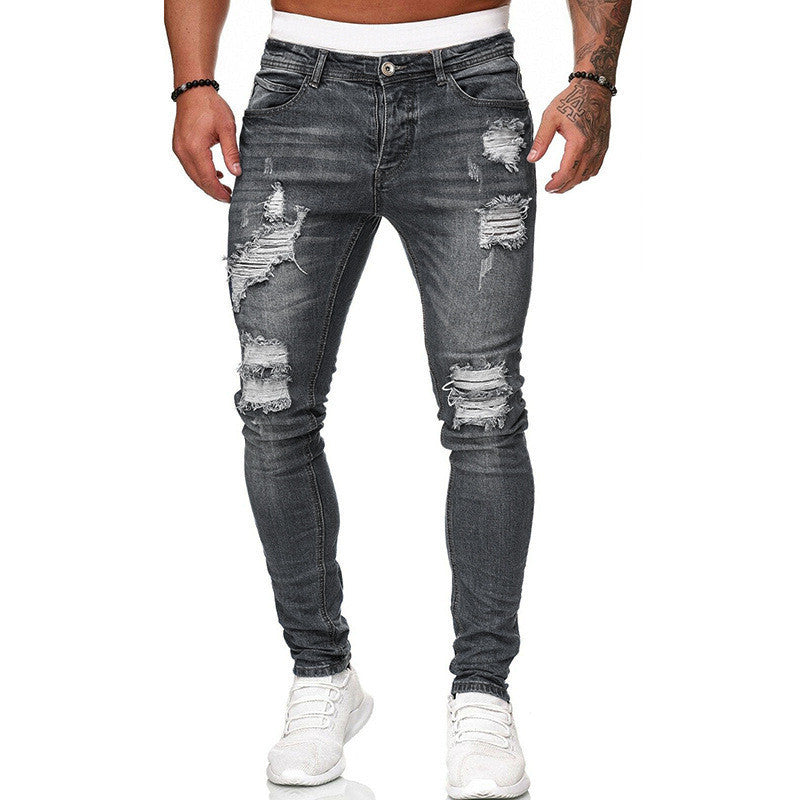Men’s Ripped Skinny Fit Street Jeans – Distressed Wash Stretch Denim