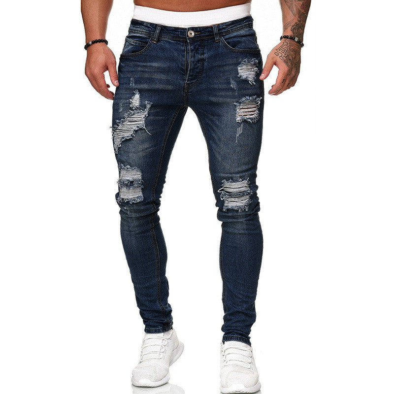 Men’s Ripped Skinny Fit Street Jeans – Distressed Wash Stretch Denim