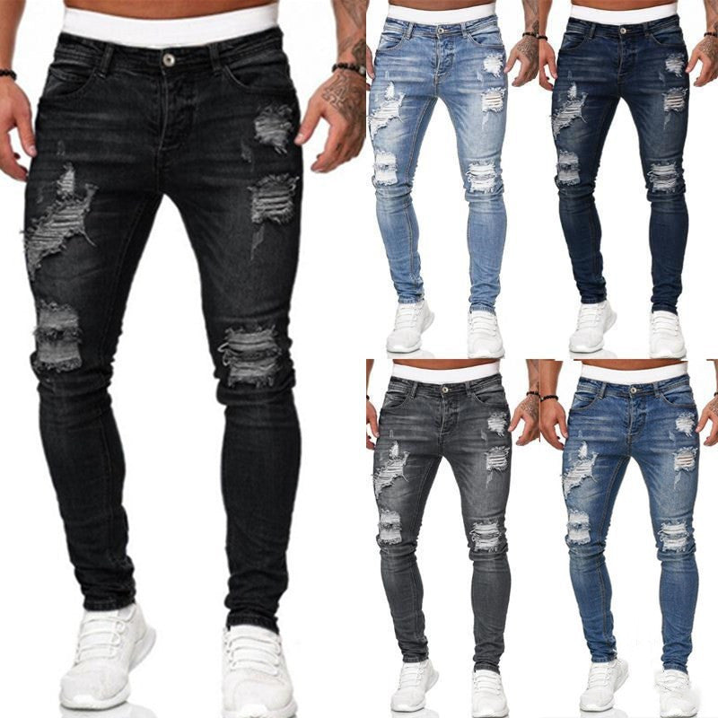 Men’s Ripped Skinny Fit Street Jeans – Distressed Wash Stretch Denim