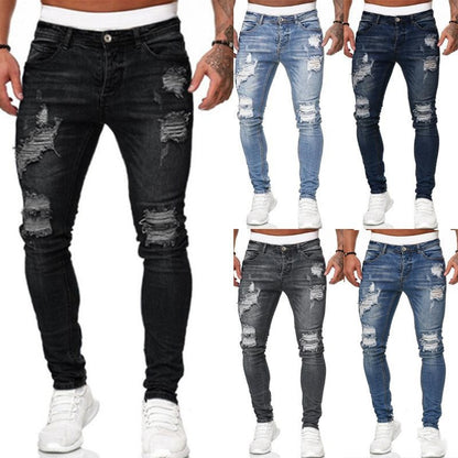 Men’s Ripped Skinny Fit Street Jeans – Distressed Wash Stretch Denim