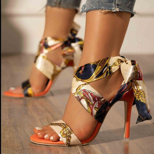 Printed Lace-Up High Heel Sandals – Colorful Roman Style Stilettos