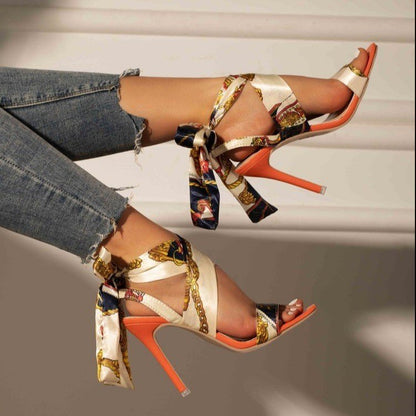 Printed Lace-Up High Heel Sandals – Colorful Roman Style Stilettos