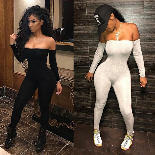 Sleek Allure Off-Shoulder Long Sleeve Bodycon Jumpsuit – Streetwear Chic