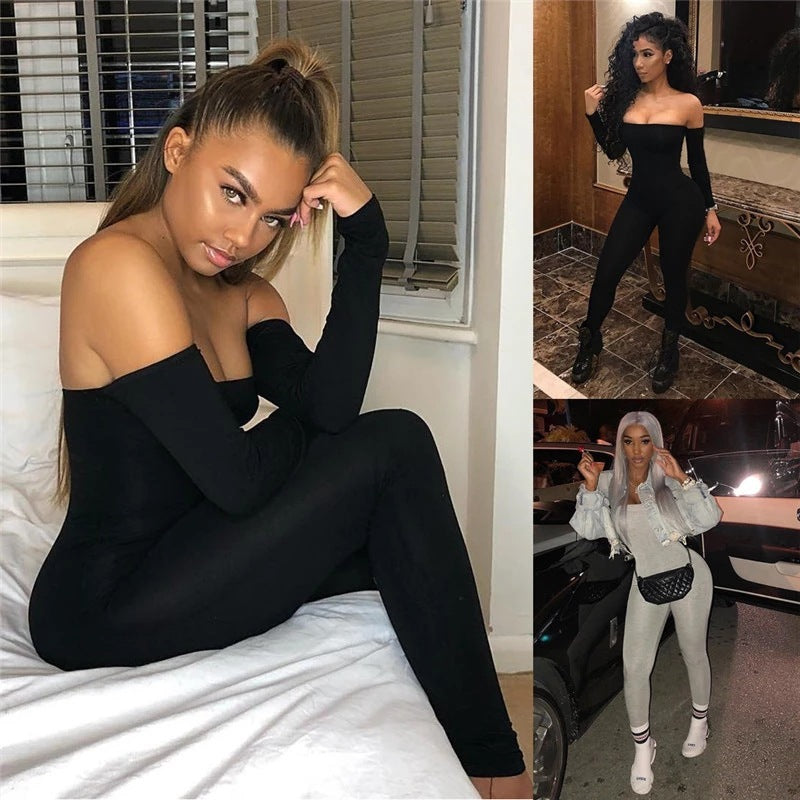 Sleek Allure Off-Shoulder Long Sleeve Bodycon Jumpsuit – Streetwear Chic