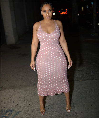 Dot Allure Ruffle Midi Dress – Polka Perfect Curve-Hugging Chic