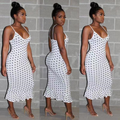 Dot Allure Ruffle Midi Dress – Polka Perfect Curve-Hugging Chic