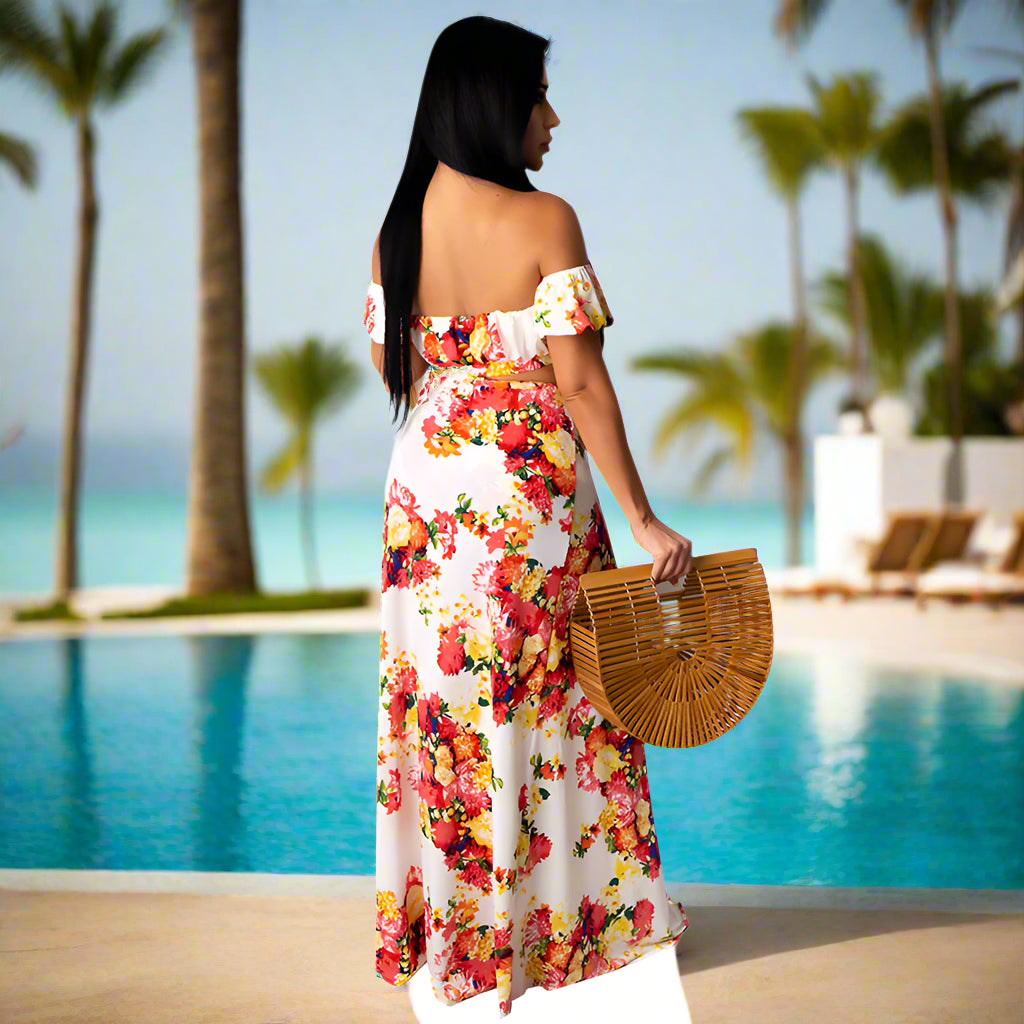 Floral Off-Shoulder Two-Piece Set – High Slit Maxi Skirt & Bandeau Top