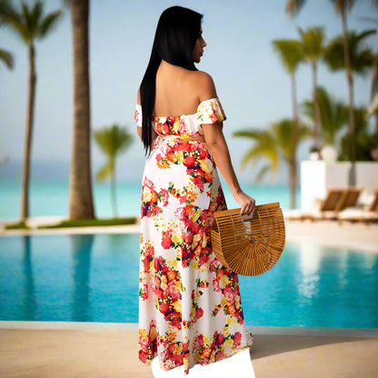 Floral Off-Shoulder Two-Piece Set – High Slit Maxi Skirt & Bandeau Top
