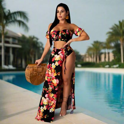 Floral Off-Shoulder Two-Piece Set – High Slit Maxi Skirt & Bandeau Top