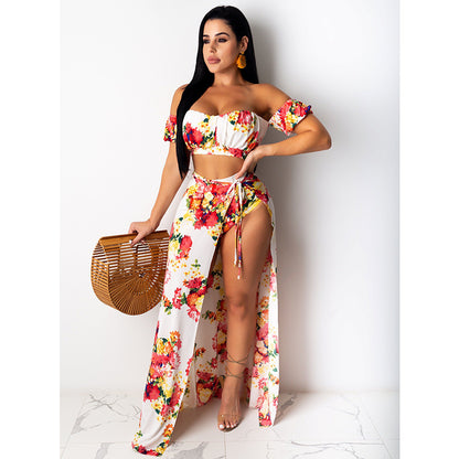 Floral Off-Shoulder Two-Piece Set – High Slit Maxi Skirt & Bandeau Top