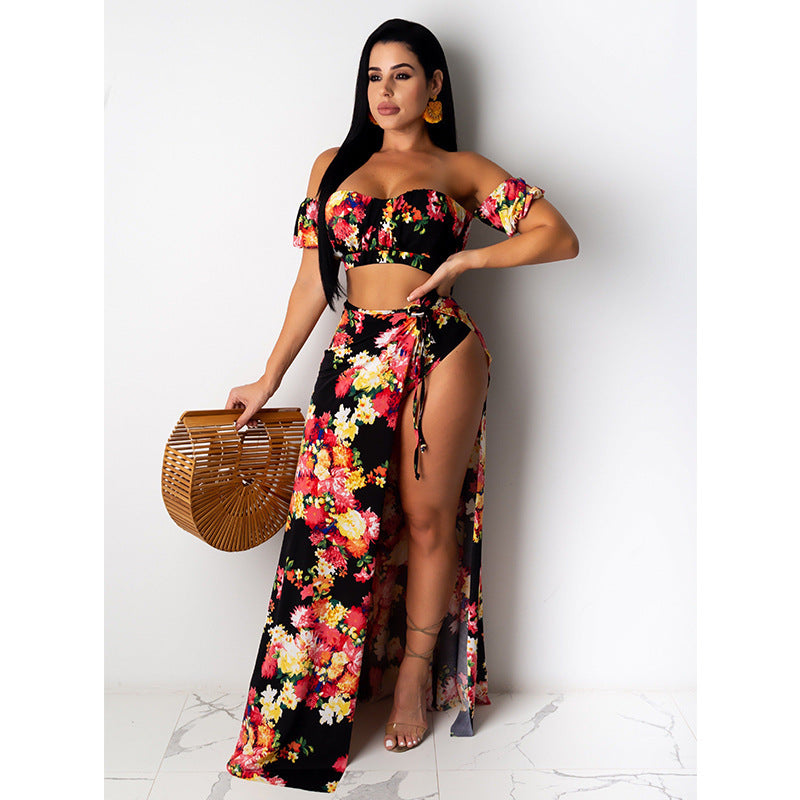 Floral Off-Shoulder Two-Piece Set – High Slit Maxi Skirt & Bandeau Top