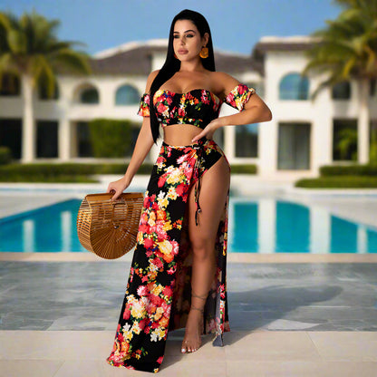 Floral Off-Shoulder Two-Piece Set – High Slit Maxi Skirt & Bandeau Top
