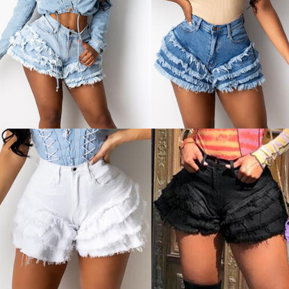 👖 Layered Fray Edge High-Waist Denim Shorts – Street Chic Statement