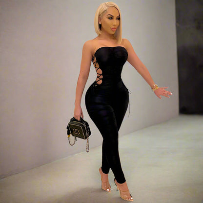 Women’s Strapless Hollow Out Lace-Up Jumpsuit – Summer & Autumn Sexy Bodycon Romper
