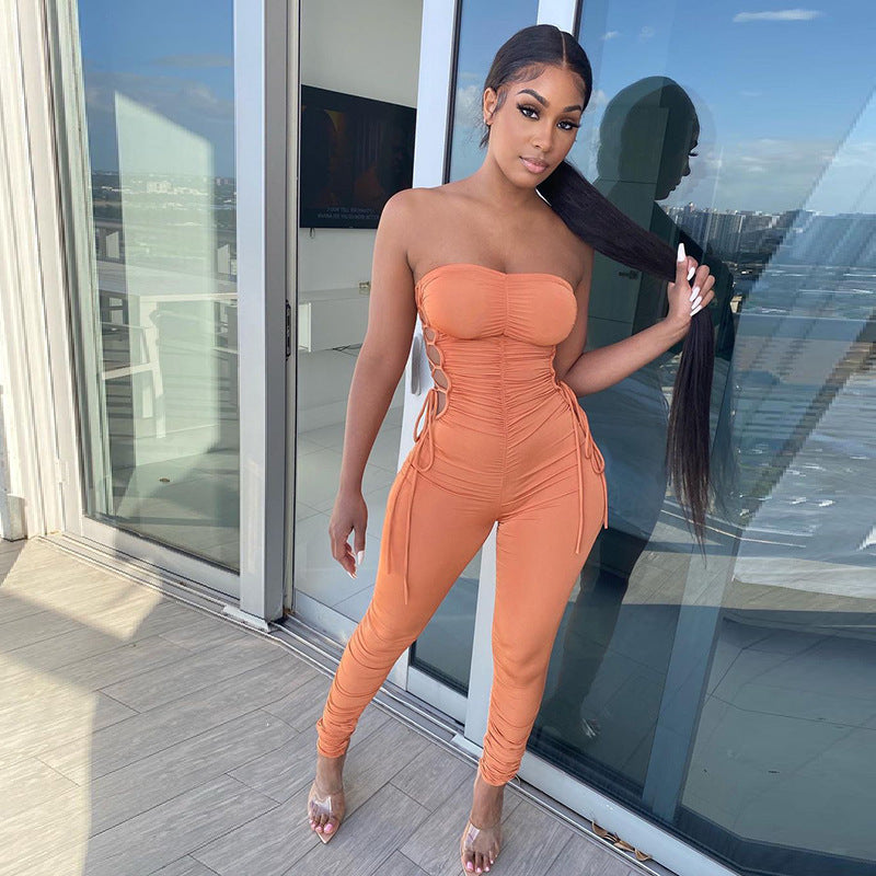 Women’s Strapless Hollow Out Lace-Up Jumpsuit – Summer & Autumn Sexy Bodycon Romper