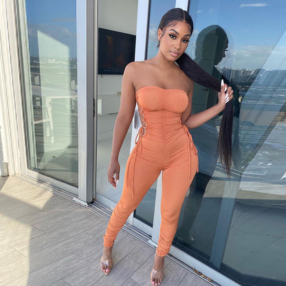 Women’s Strapless Hollow Out Lace-Up Jumpsuit – Summer & Autumn Sexy Bodycon Romper